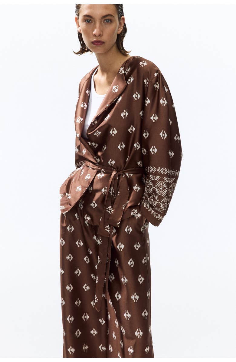 H&M Tie-belt Satin Blazer, Main, color, Brown/Patterned