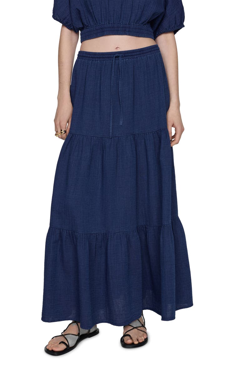MANGO Indie Tiered Cotton Denim Maxi Skirt, Main, color,