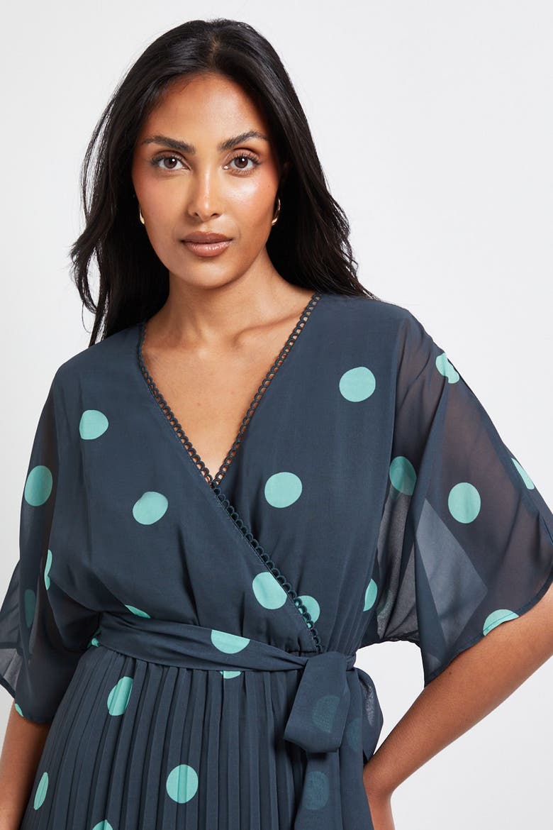 Petite Spot Pleated Midi Dress, Alternate, color, Green