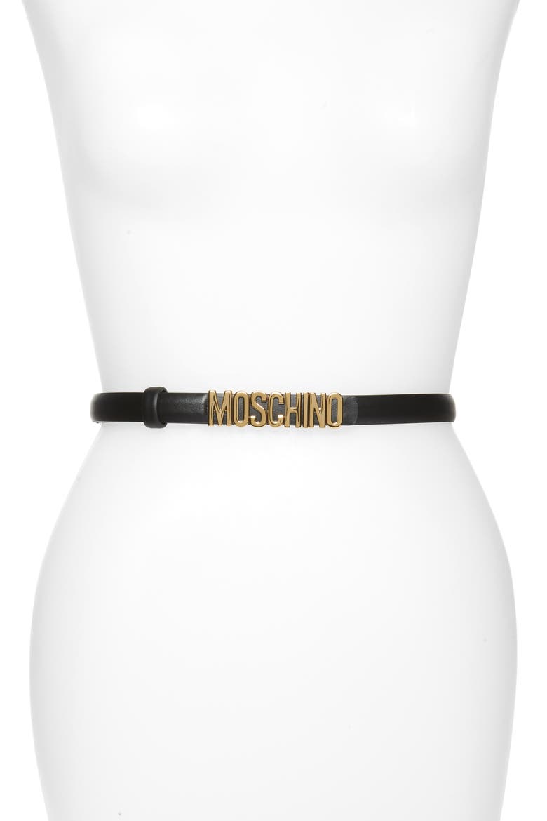 Logo Skinny Leather Belt, Main, color, BLACK