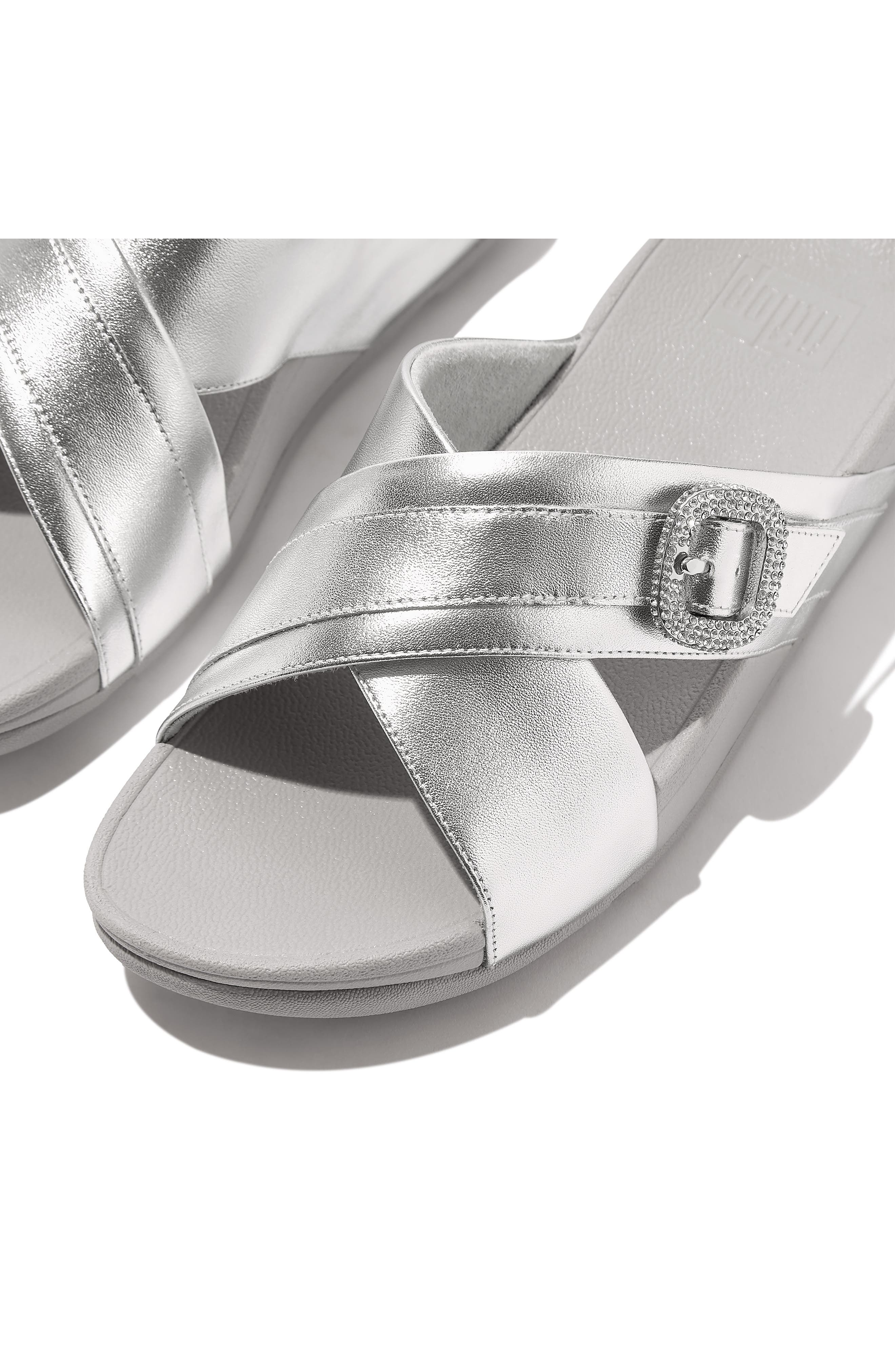 FitFlop Lulu Crystal Buckle Metallic Leather Slide Sandal, Alternate, color, Silver