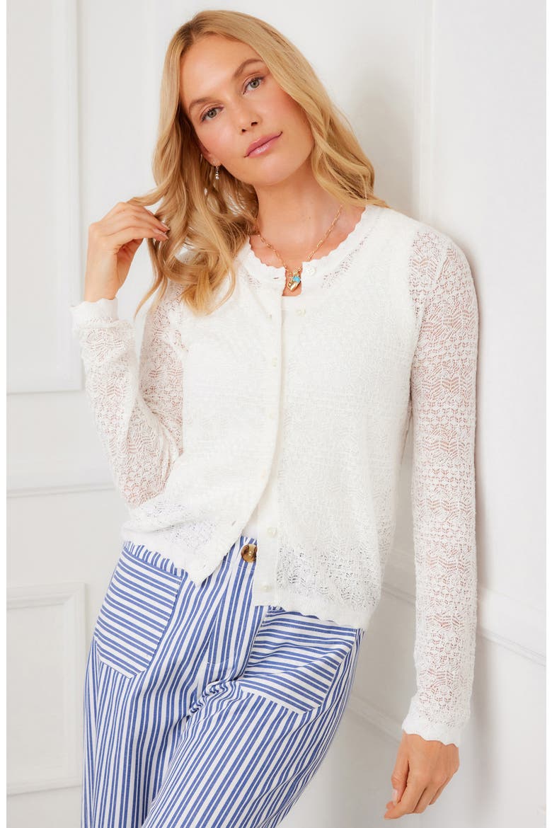 Pointelle Stitch Cotton Blend Cardigan, Alternate, color, WHITE