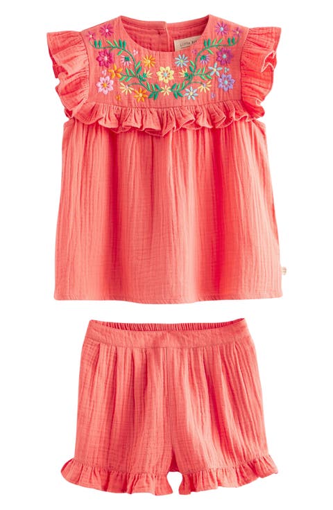 Kids' Ruffle Floral Embroidery Top & Shorts Set (Little Kid)