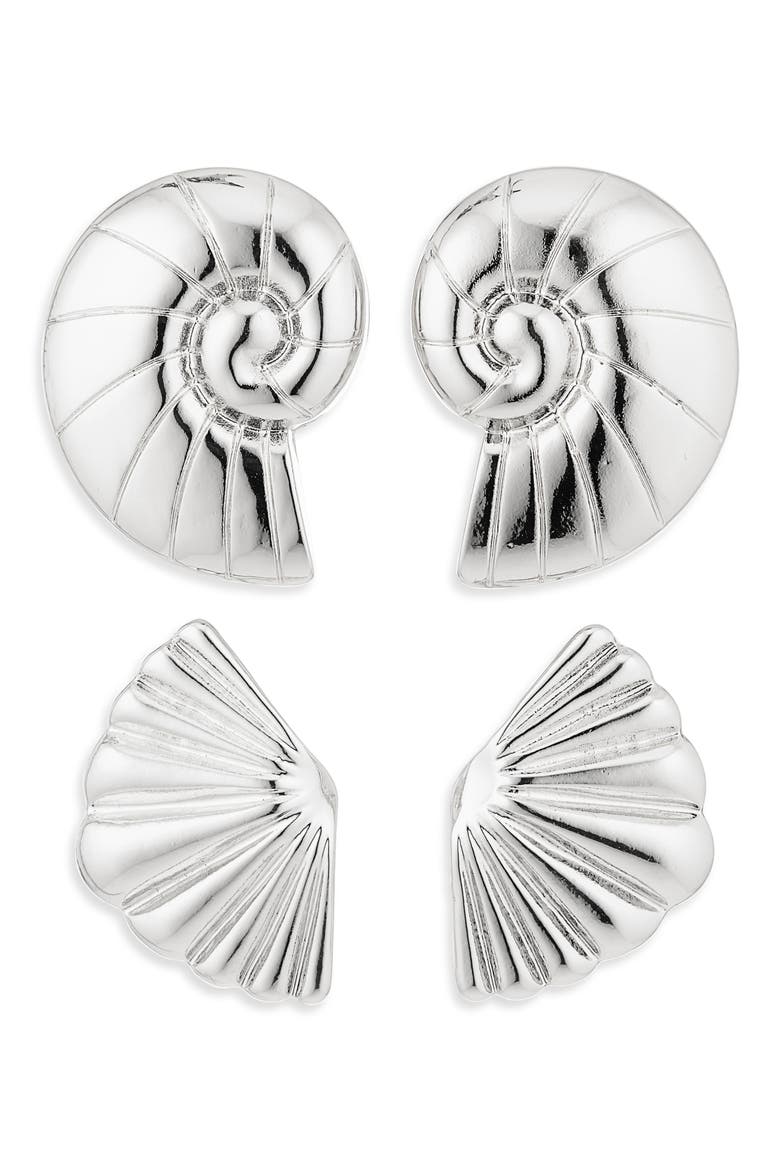 Set of 2 Shell Stud Earrings, Main, color, SILVER