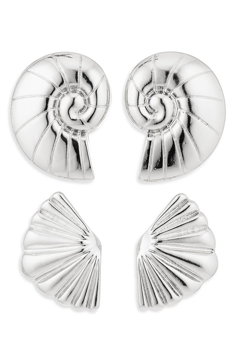 NATASHA Set of 2 Shell Stud Earrings, Main, color, Silver