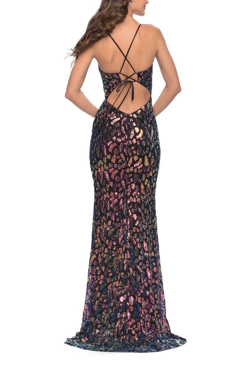 Multi Color Print Sequin Dress with Lace Up Back, Alternate, color, Black