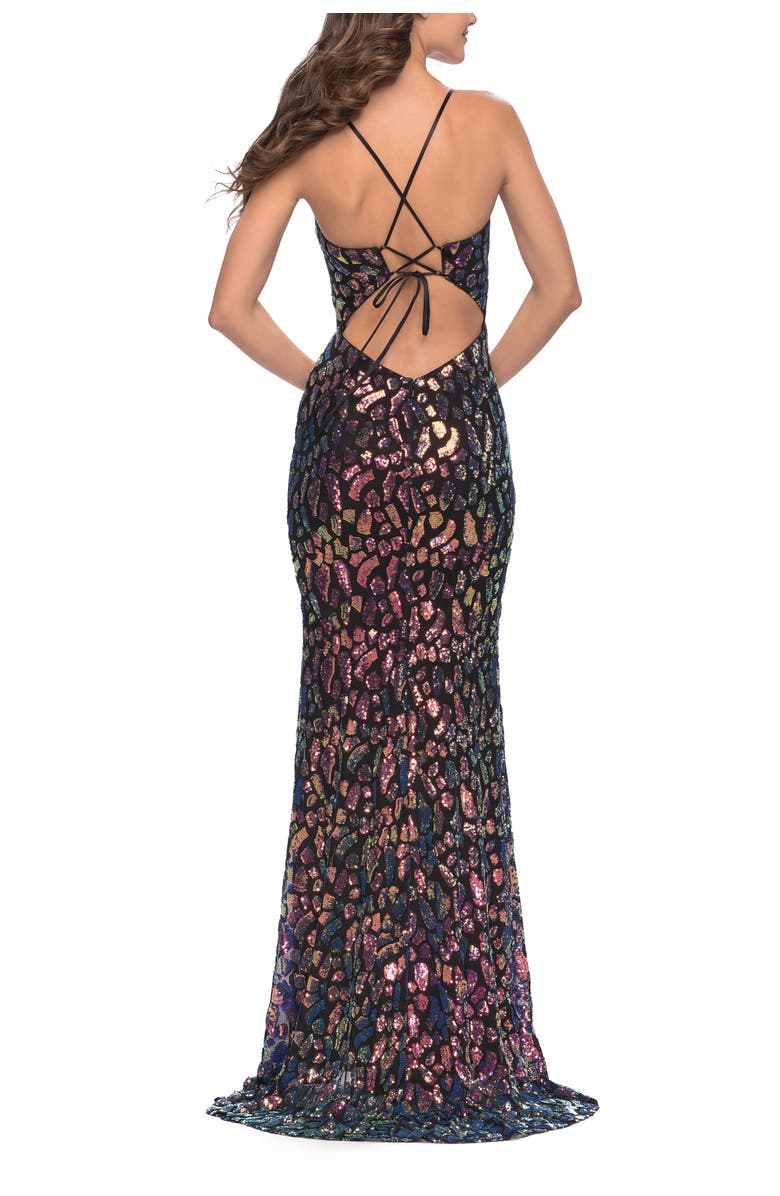 La Femme Multi Color Print Sequin Dress with Lace Up Back, Alternate, color, Black