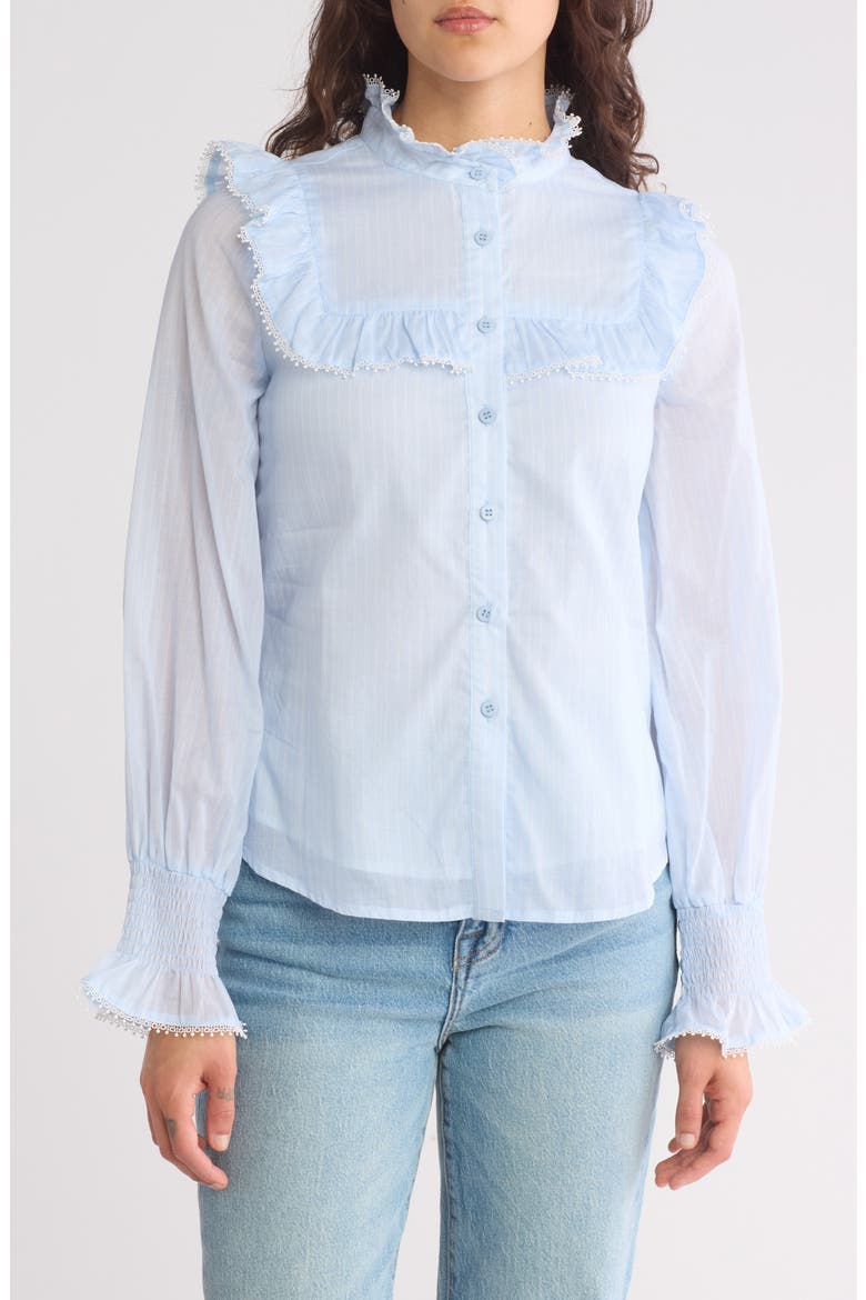 Remi Ruffle Yoke Long Sleeve Button-Up Shirt, Main, color, ANCIENT WATER/ WHITE STRIPE