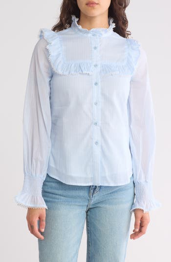 By Design Remi Ruffle Yoke Long Sleeve Button-up Shirt In Blue