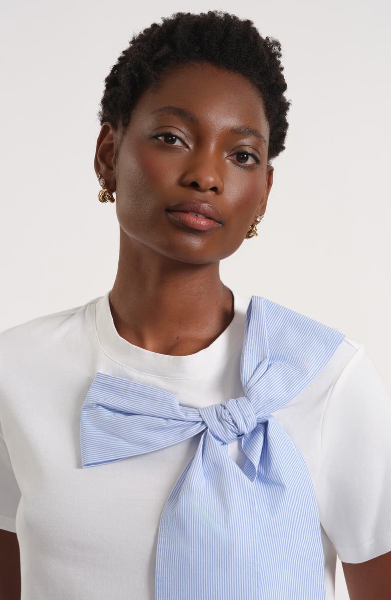 Isaac Mizrahi New York Striped Bow Stretch Cotton T-Shirt, Alternate, color, White Blue