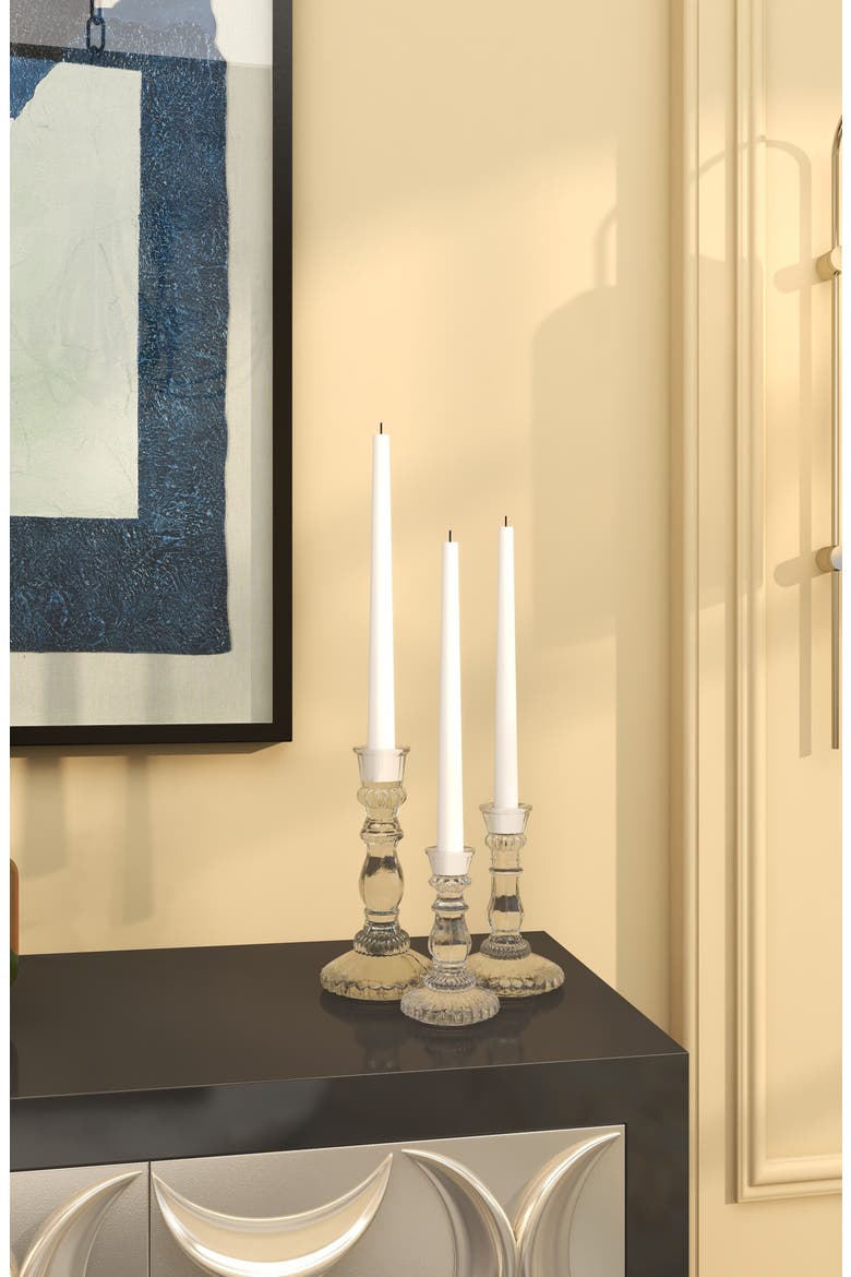 Set of 3 Modern Clear Glass Candleholders, Alternate, color, CLEAR
