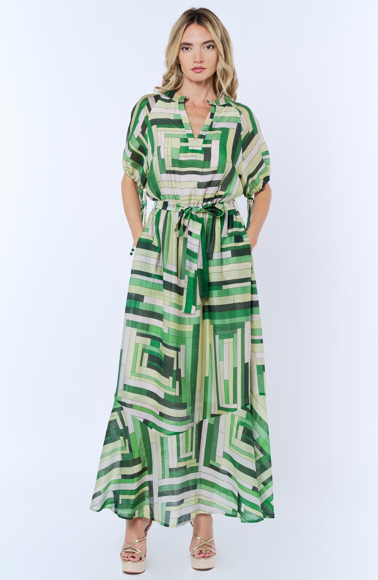 CIEBON Gemma Puff Sleeve Tie Belt Maxi Dress, Alternate, color, Green Multi