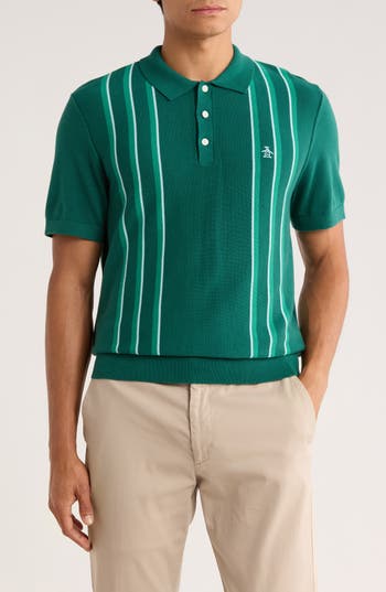 Original Penguin Vertical Stripe Cotton Knit Polo In Green