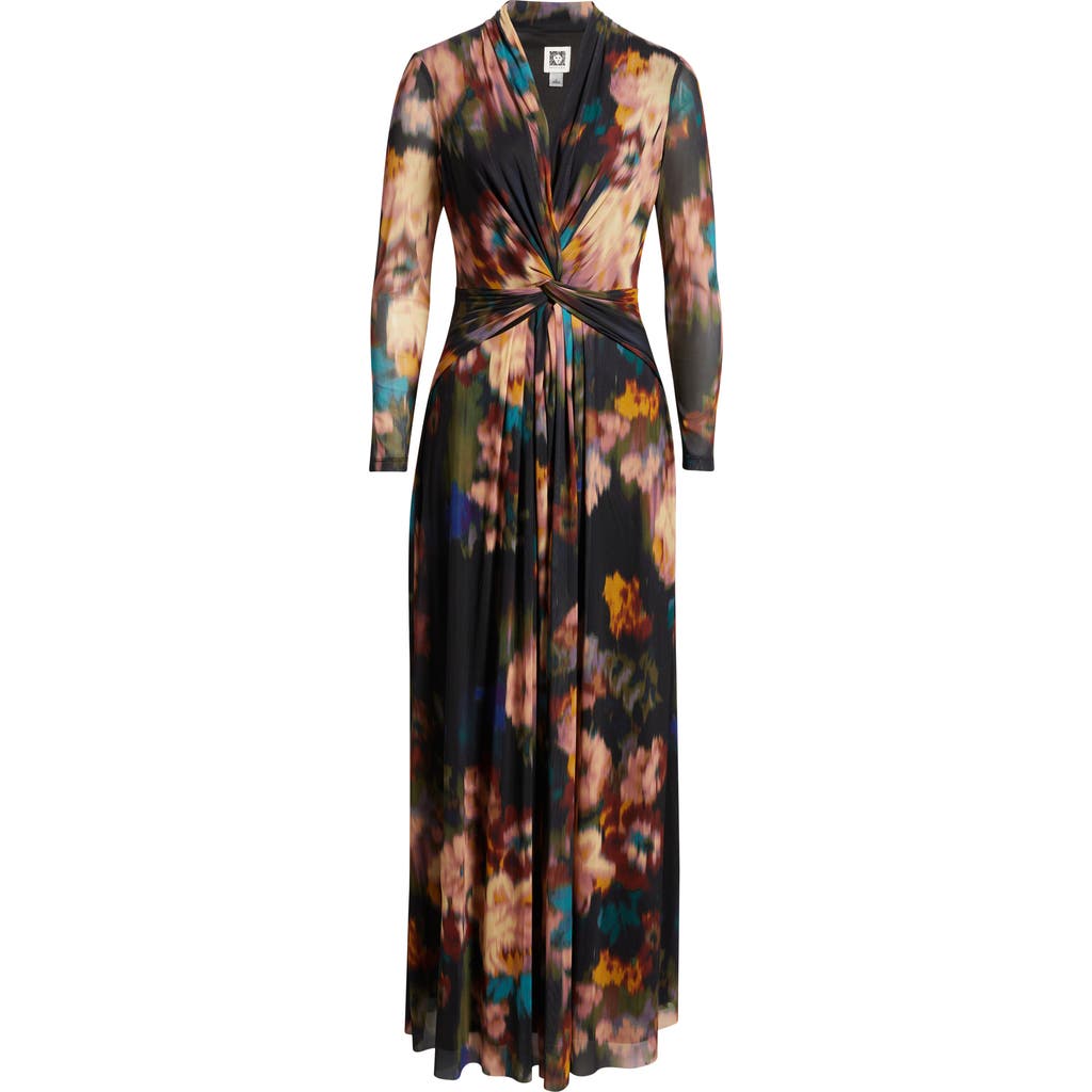 Anne Klein Blurred Floral Twist Front Long Sleeve Mesh Maxi Dress In Multi