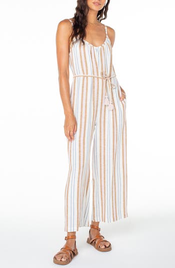 Roxy Gale Stripe Linen Blend Jumpsuit In White
