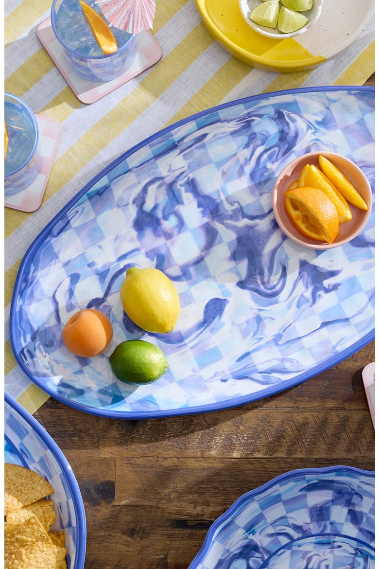 Blue Marble Check Oval Melamine Platter, Alternate, color, BLUE