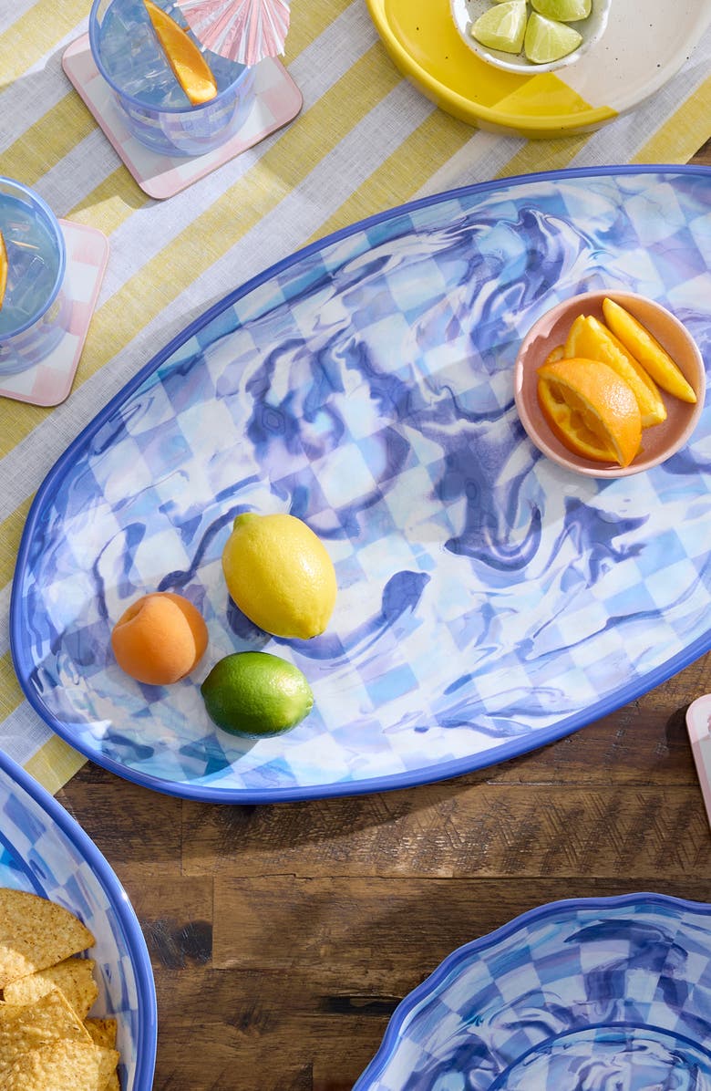 MACKENZIE CHILDS Blue Marble Check Oval Melamine Platter, Alternate, color, Blue