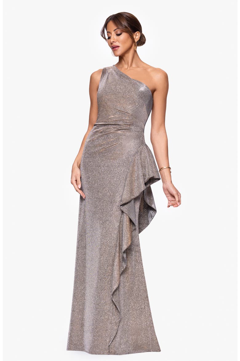 xscape one shoulder dress Women's Side Ruffle Gown Gowns Voluminous ruffles cascade from the waist of this evening Xscape Evenings Women's One-Shoulder Ruffle