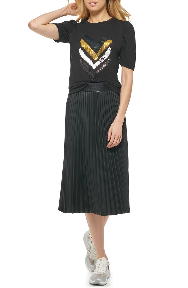 DKNY Ruched Puff Sleeve Mixed Media Logo Top, Alternate, color, 