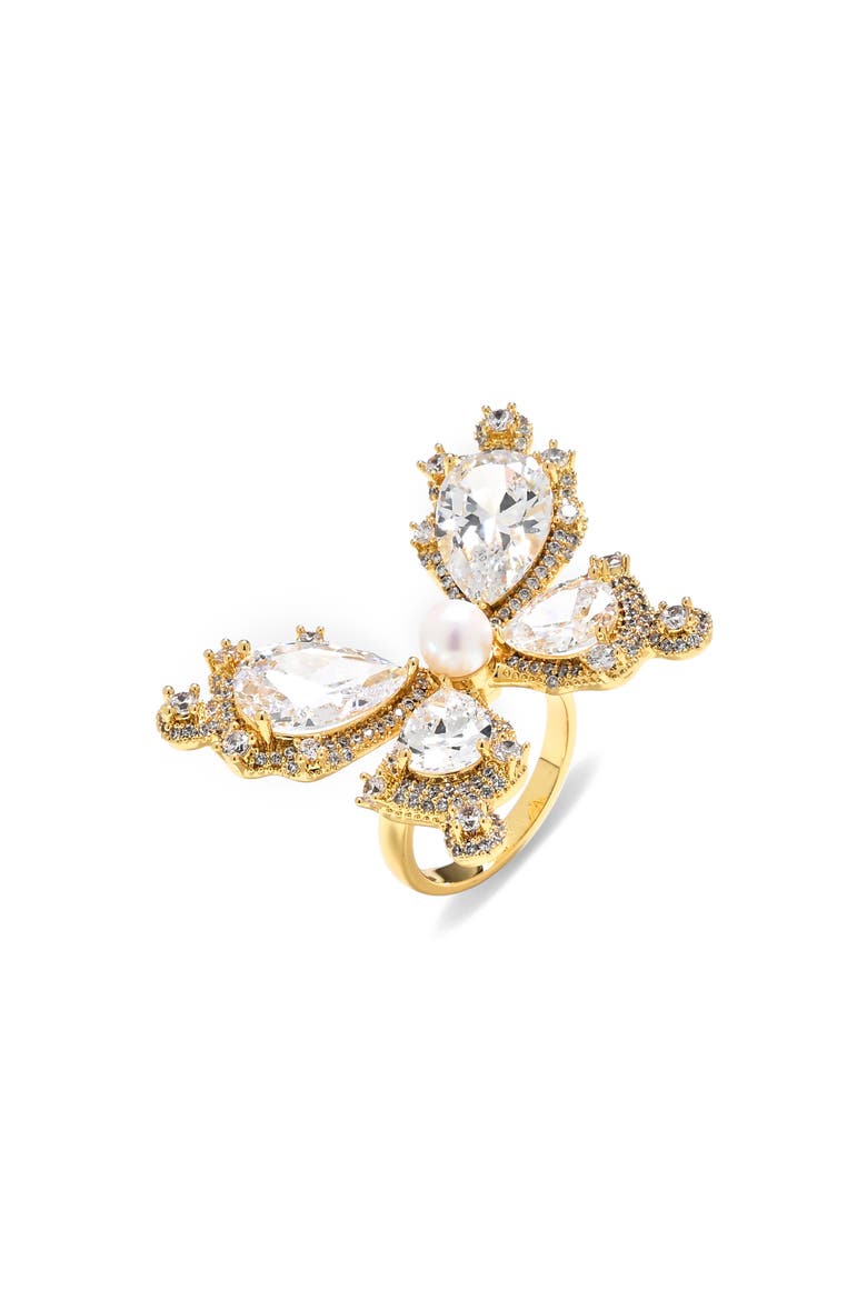 Leni Cubic Zirconia & Faux Pearl Butterfly Statement Ring, Main, color, GOLD