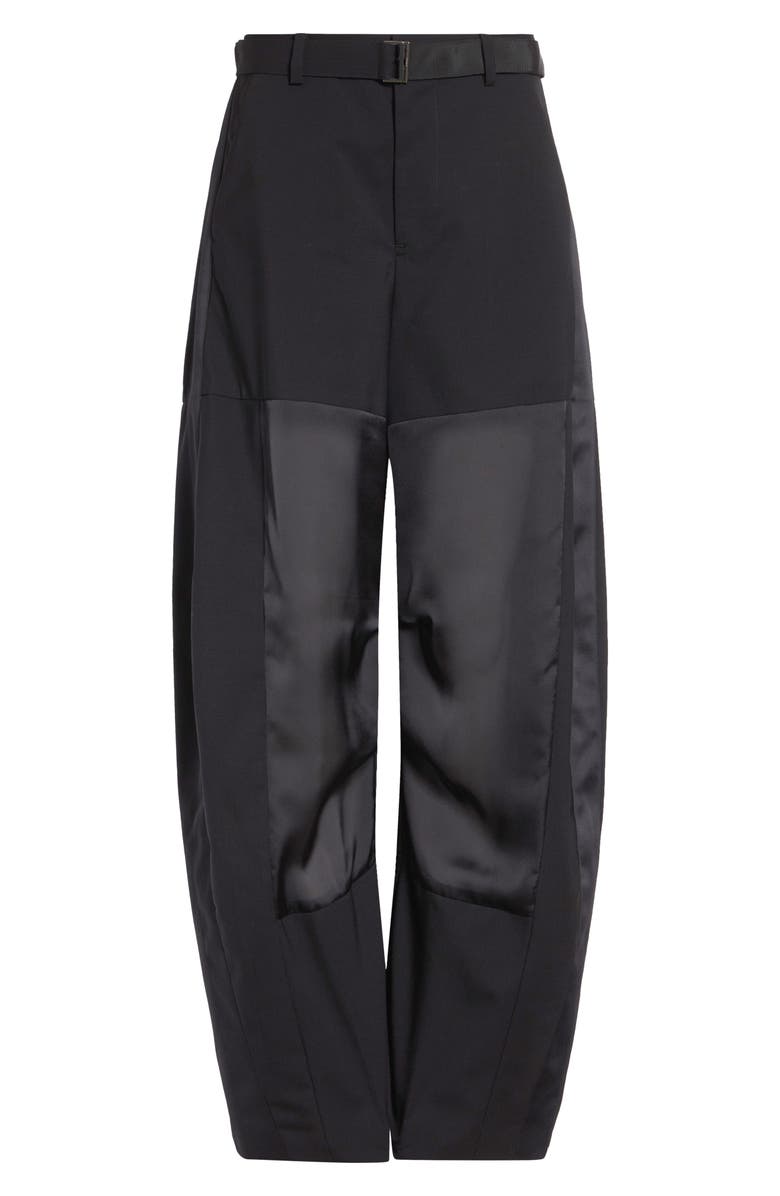 Sacai Belted Wool Suiting & Satin Barrel Leg Pants, Main, color, Black