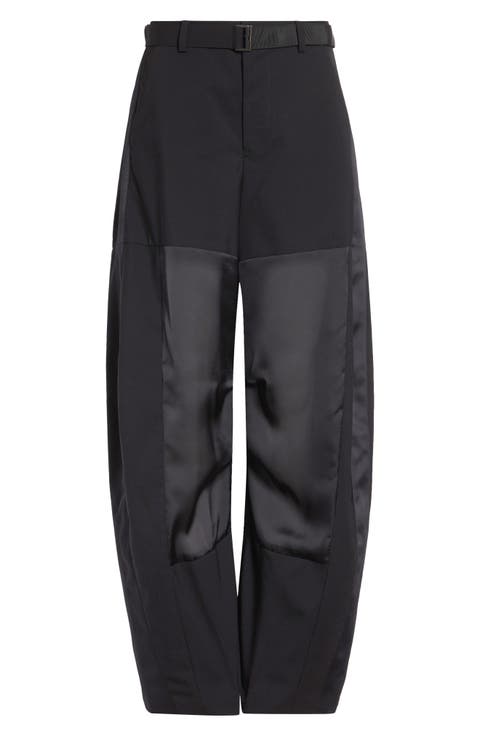 Belted Wool Suiting & Satin Barrel Leg Pants