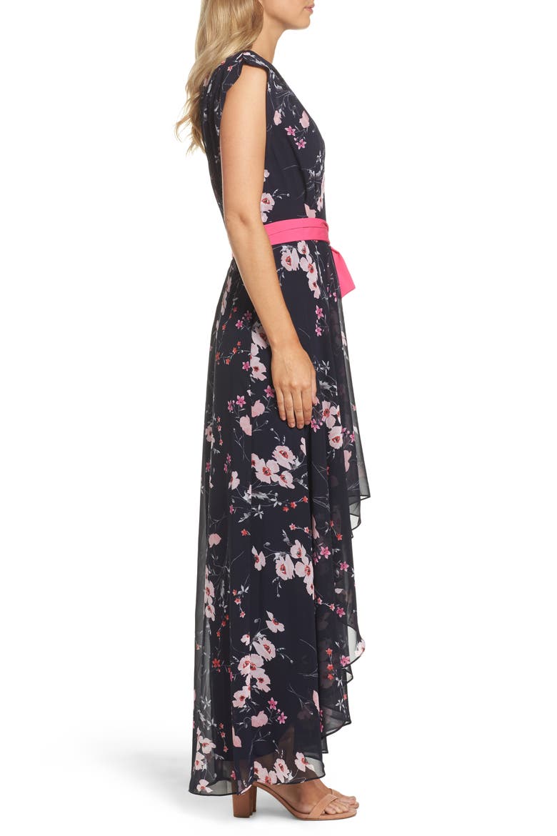 High/Low Floral Faux Wrap Maxi Dress, Alternate, color, NAVY/ PINK