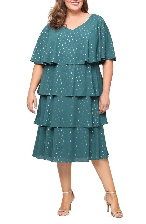 Metallic Foil Dot Tiered Chiffon Cocktail Midi Dress (Plus)