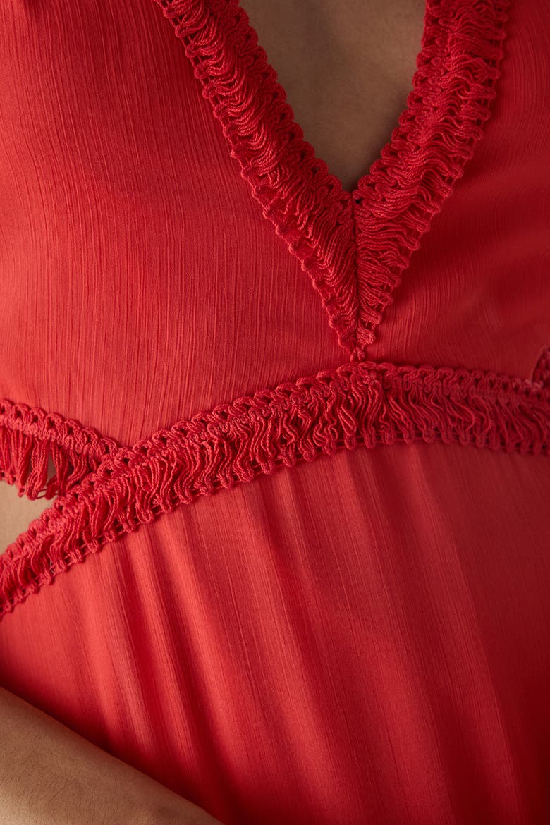 Chiffon Fringe Trim Cut Out Maxi Dress, Alternate, color, Red