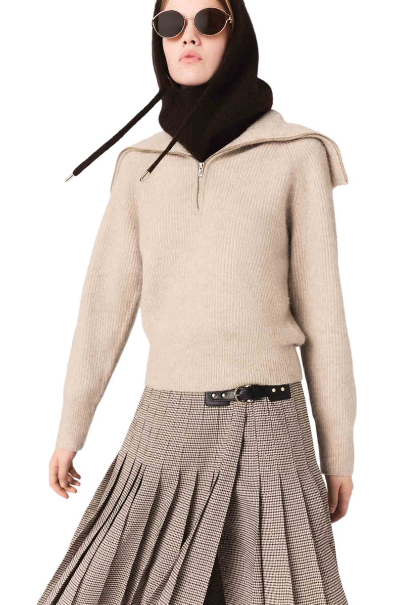 maje Rhinestone sweater with half-zip, Alternate, color, Beige