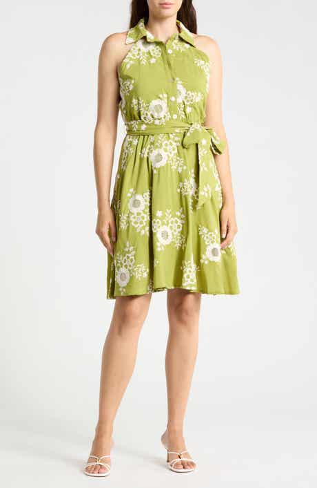 Embroidered Cotton Halter Midi Dress