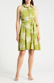 BADGLEY MISCHKA Embroidered Cotton Halter Midi Dress