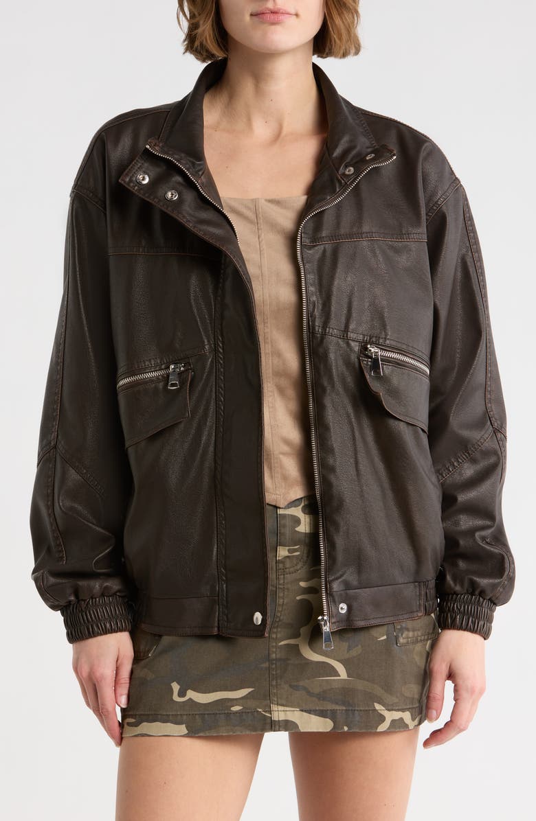 Vigoss Washed Faux Leather Dad Bomber Jacket, Main, color, Chocolate