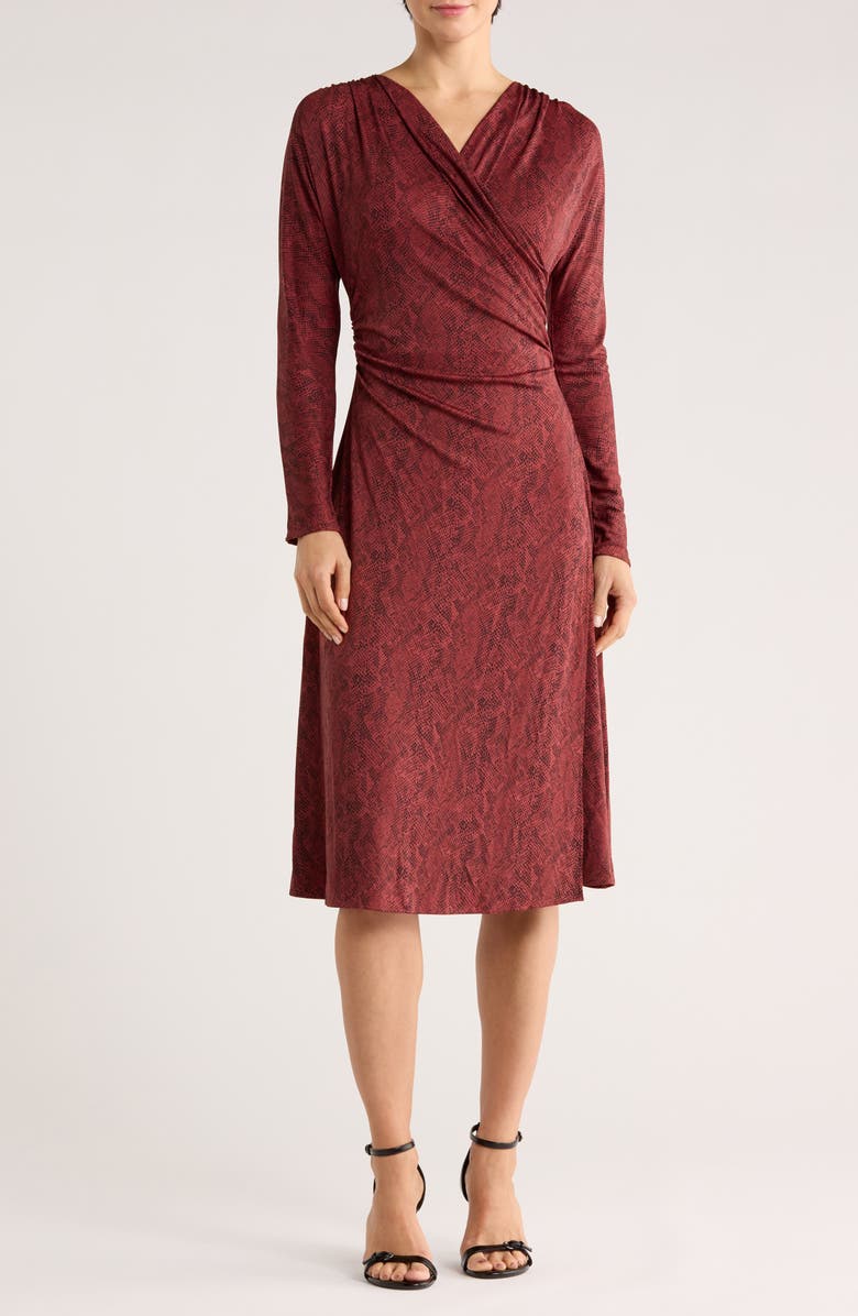 BOSS Ettita Long Sleeve Faux Wrap Dress, Main, color, Burgundy