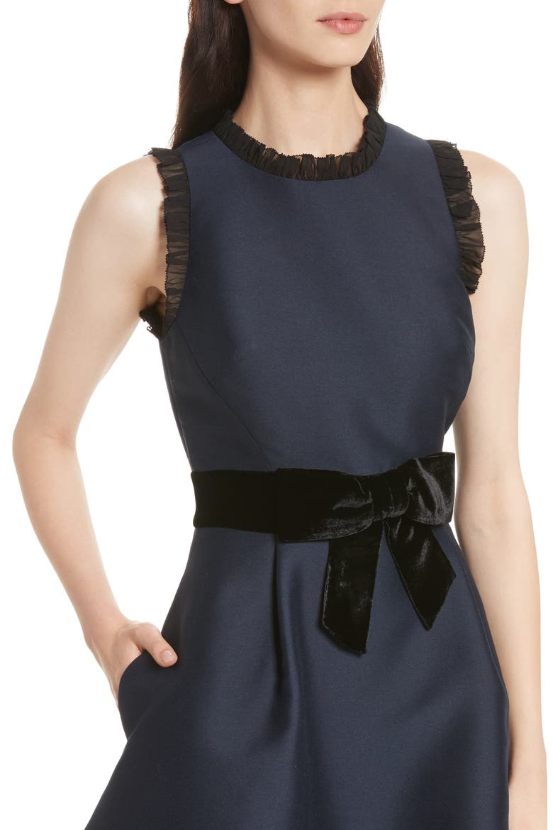 velvet bow fit & flare dress, Alternate, color, RICH NAVY