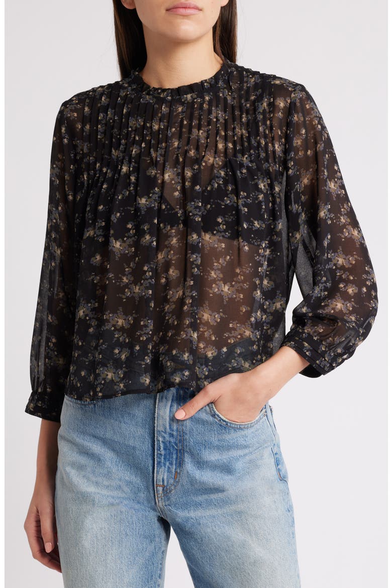 High Neck Chiffon Top, Main, color, BLACK- OLIVE ABSTRACT BOUQUE