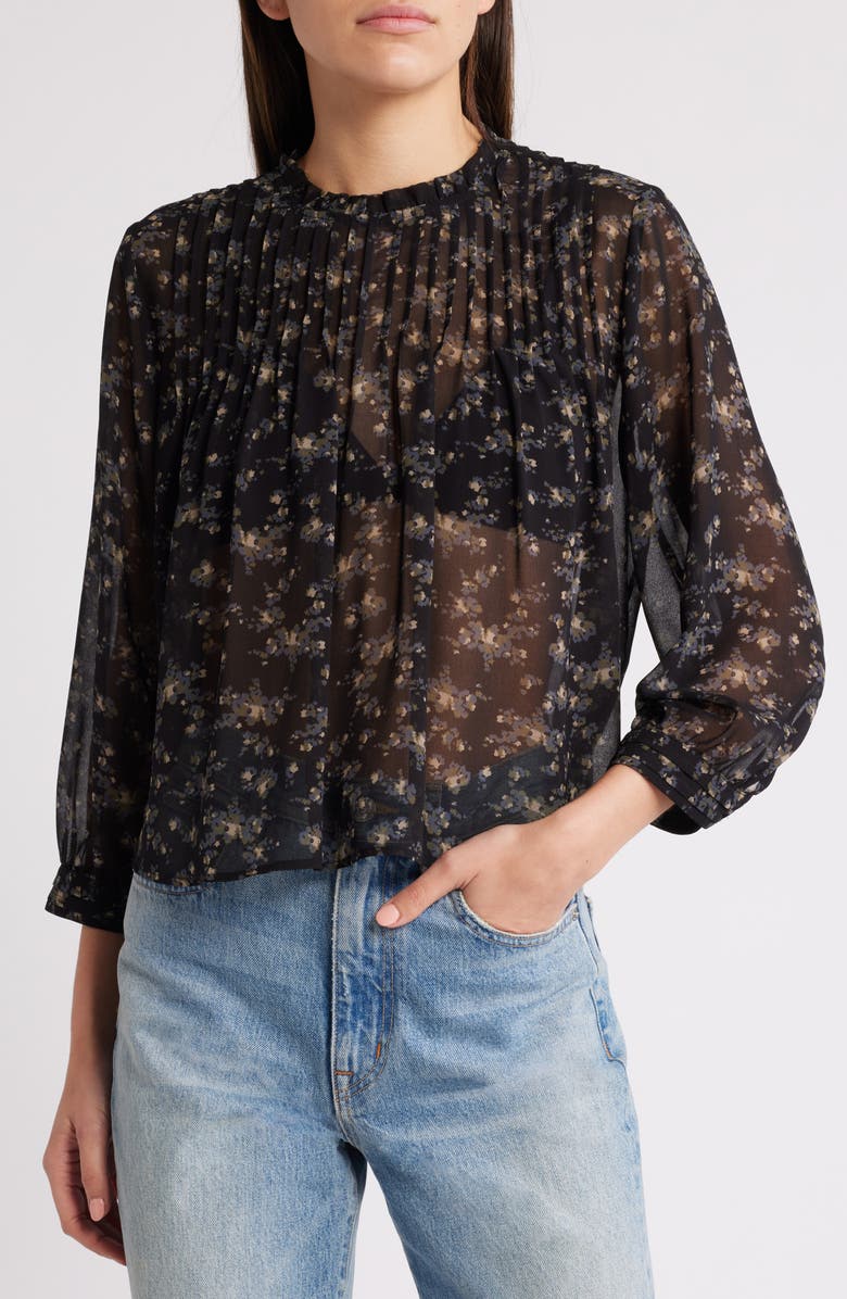 Treasure & Bond High Neck Chiffon Top, Main, color, Black- Olive Abstract Bouque