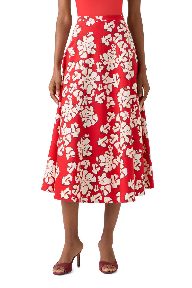 Papercut Flower Stretch Denim Midi Skirt, Main, color, RED-CREAM
