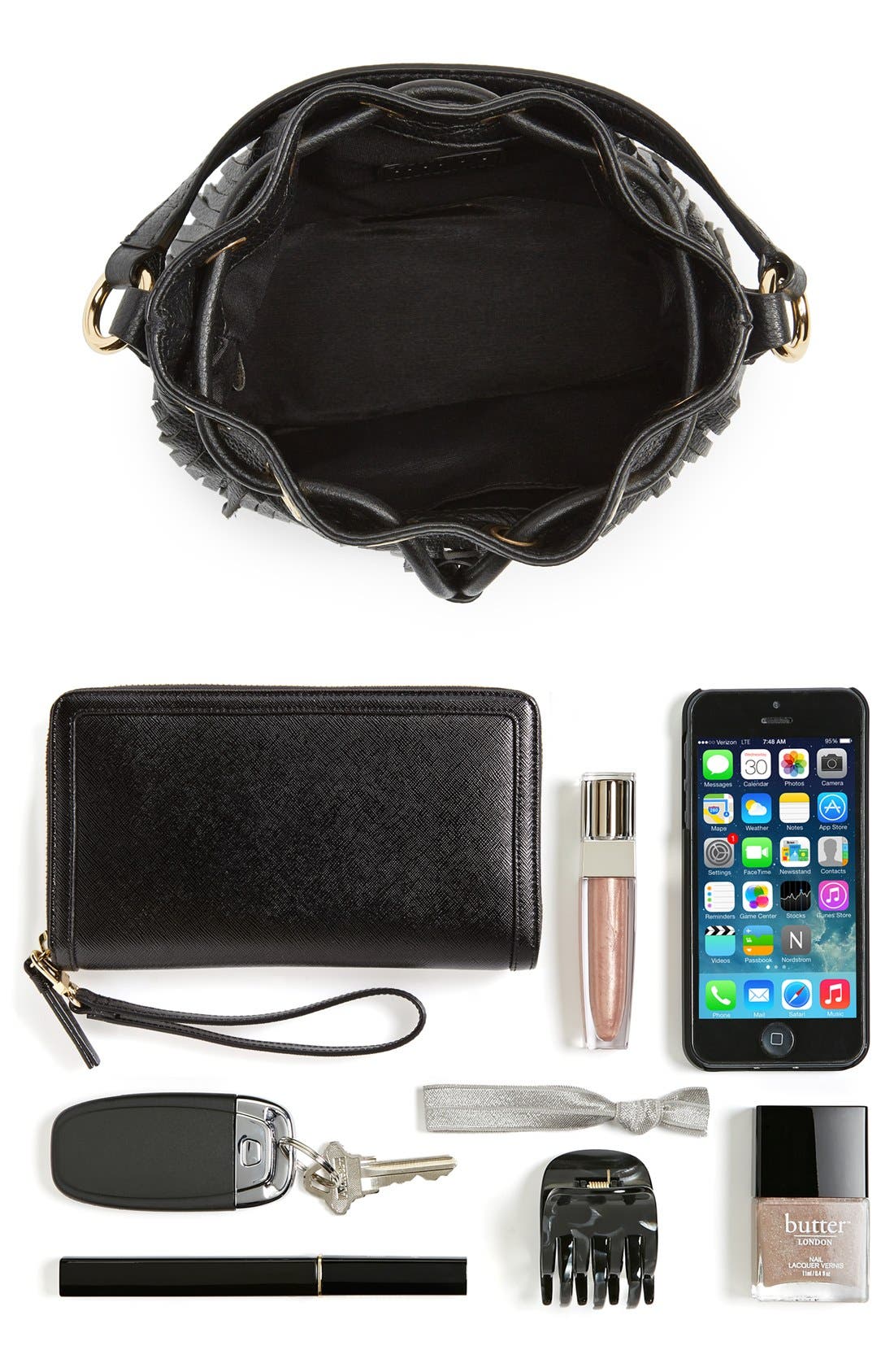 'Small Essex' Fringed Leather Bucket Bag, Alternate, color, BLACK