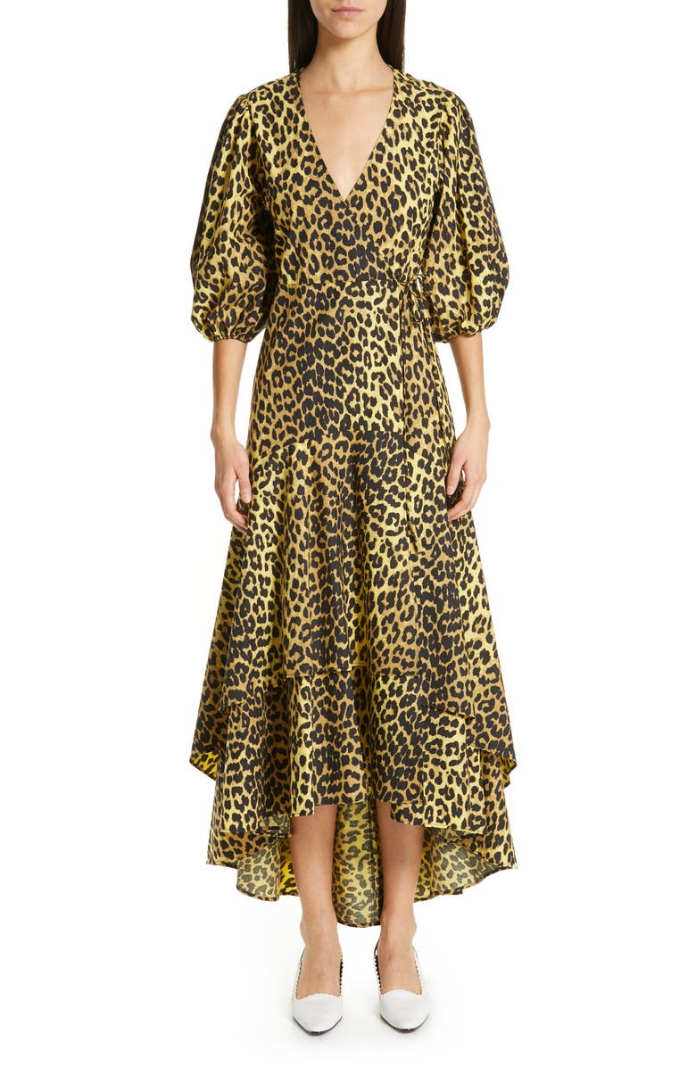 Ganni Leopard Print Cotton Wrap Dress, Main, color, 