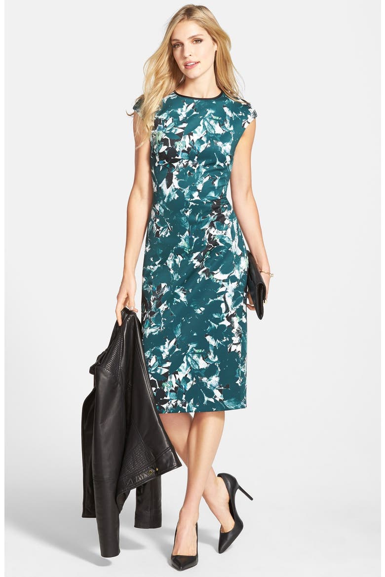 'Shadow Branch' Print Scuba Midi Dress, Alternate, color, SOFT WHITE/ FOREST GREEN