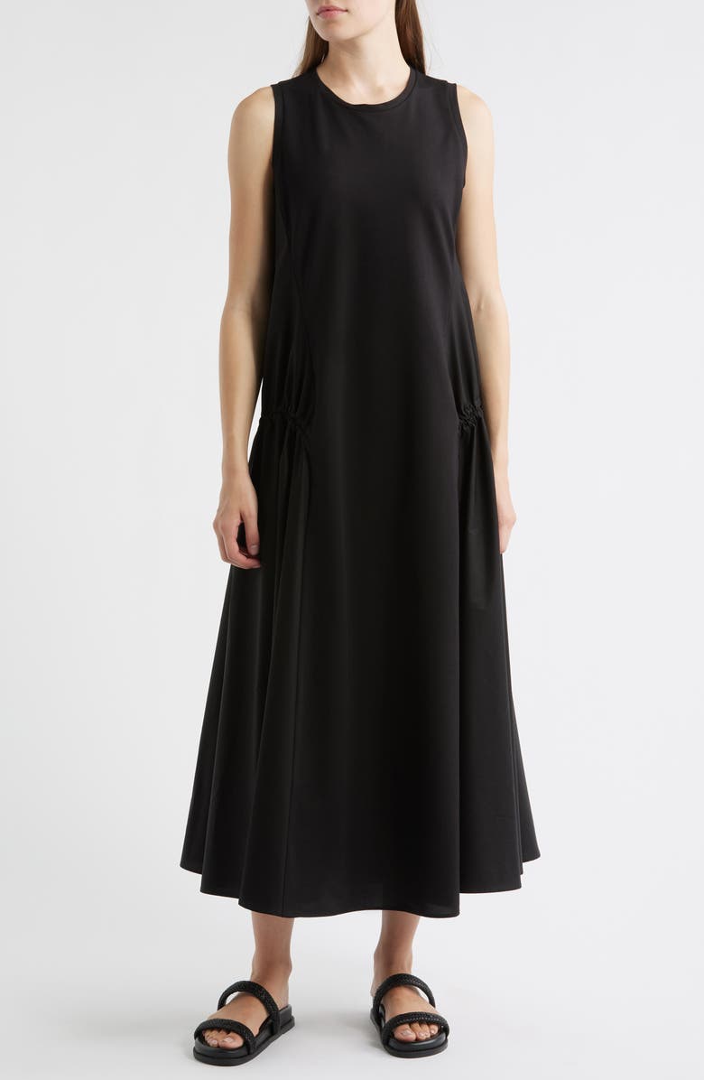 COS Paneled Gathered Side Cotton Blend Midi Dress, Main, color, Black Dark