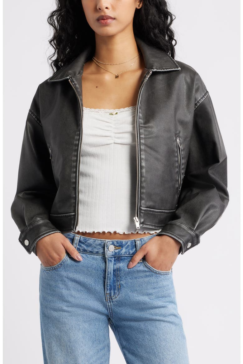Washed Faux Leather Jacket, Main, color, BLACK