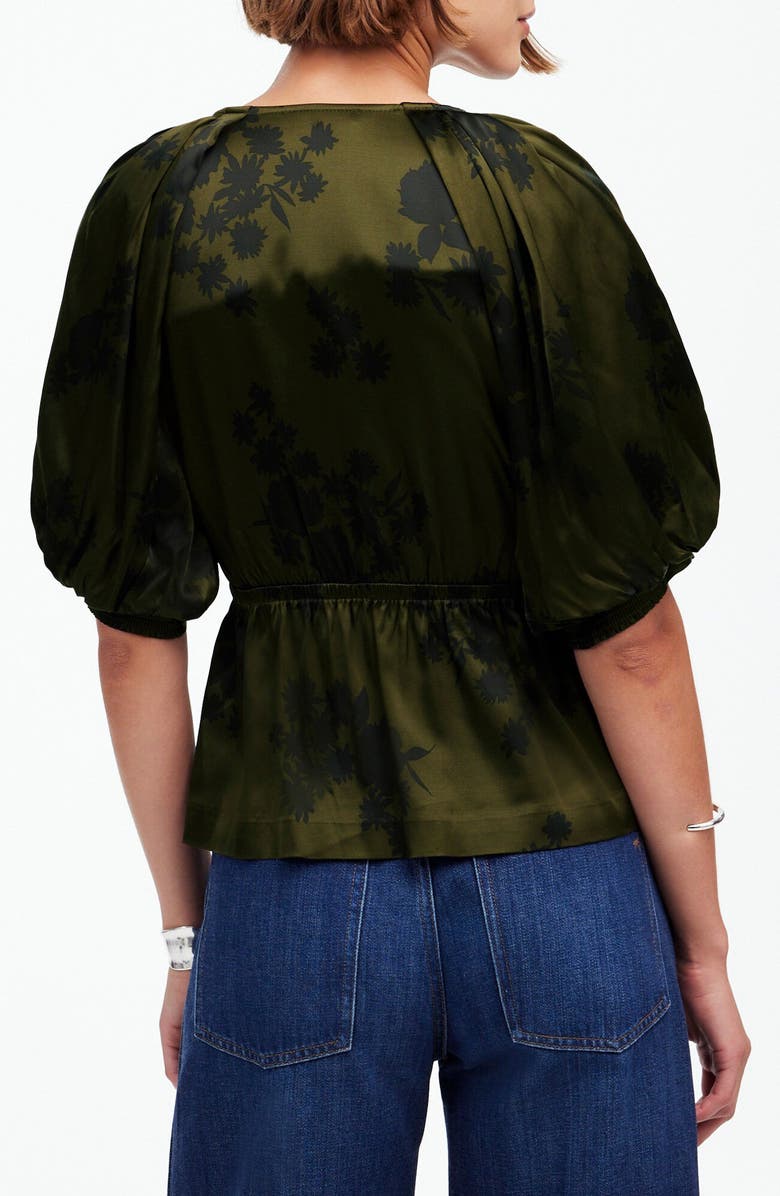 Madewell Shirred Puff Sleeve Satin Top, Alternate, color, Mossy Umber
