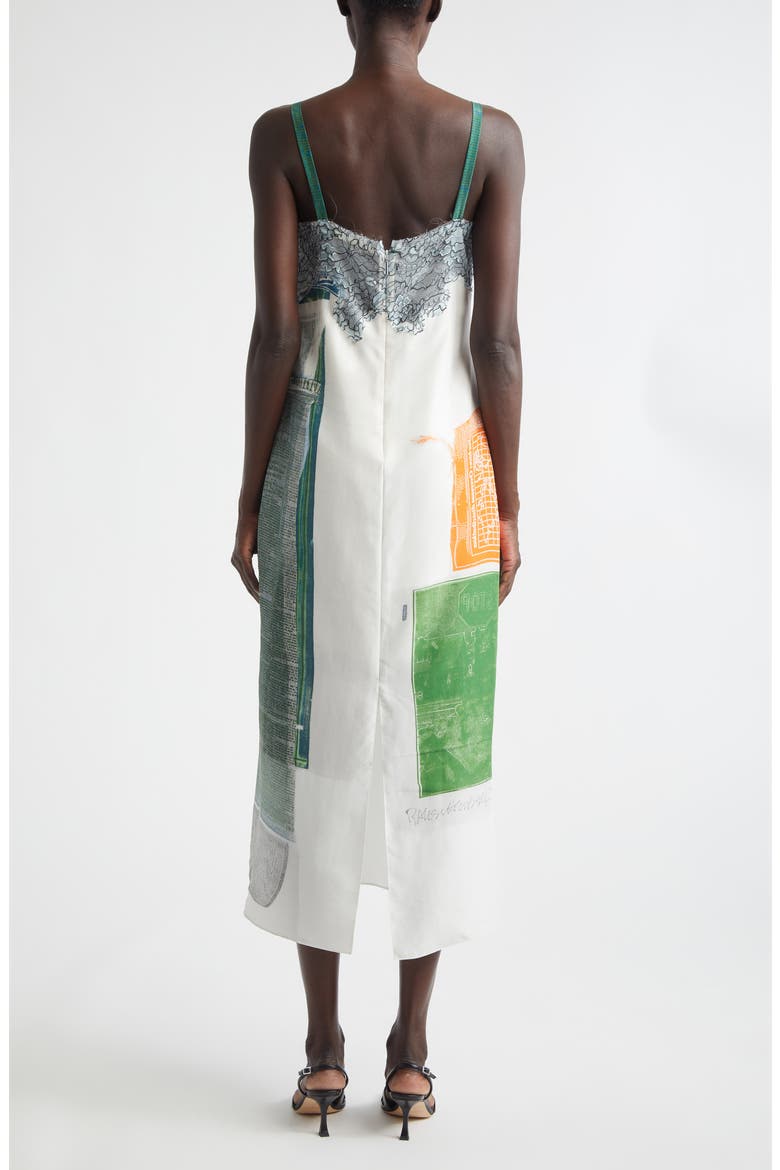 Collage Print Lace Trim Silk Midi Dress, Alternate, color, BLUE GREEN MULTI