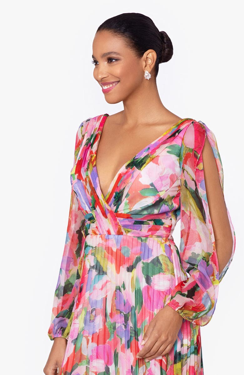 Betsy & Adam Floral Long Sleeve A-Line Gown, Alternate, color,