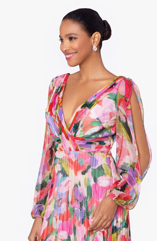 BETSY & ADAM BETSY & ADAM FLORAL LONG SLEEVE A-LINE GOWN 