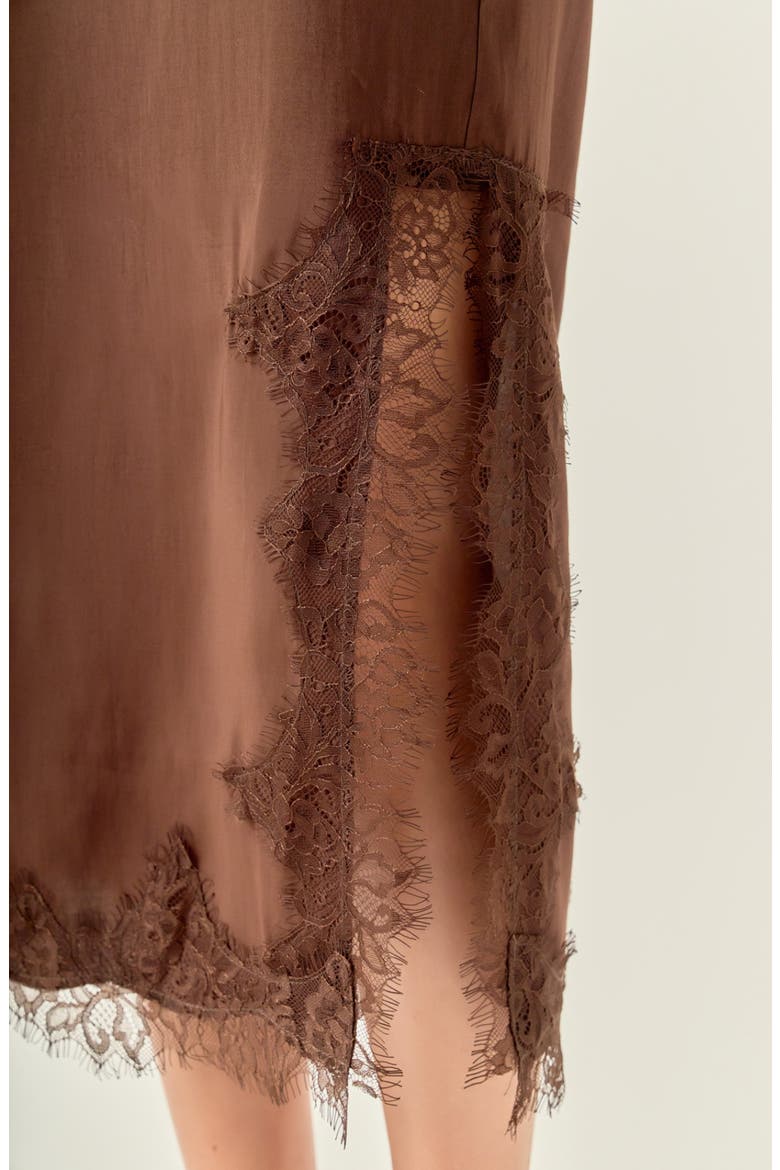 Lace Trim Satin Midi Skirt, Alternate, color, BROWN