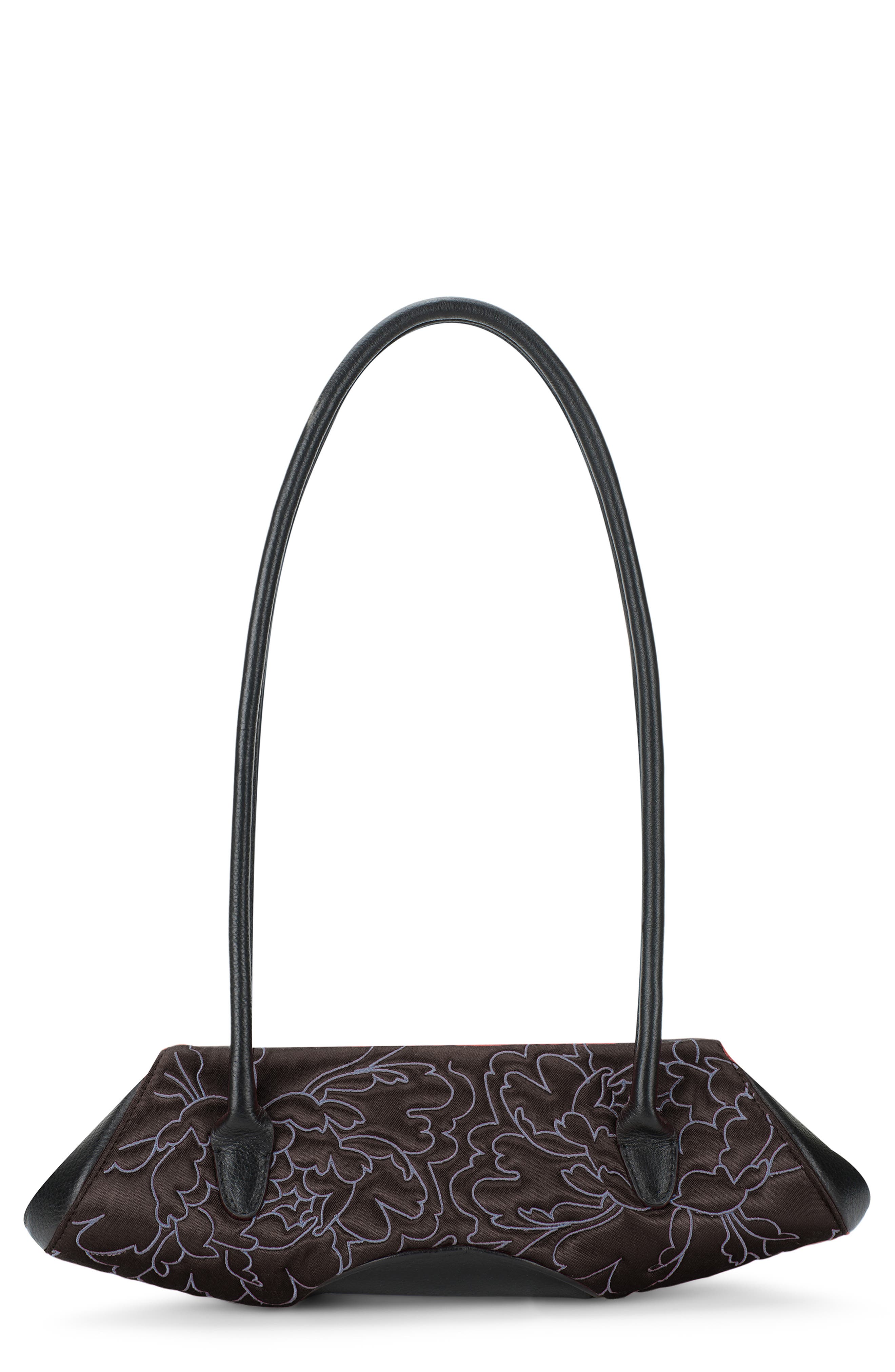 Elizabeth Mini Floral Quilted Leather Baguette Bag, Main, color, BLACK/ CACAO