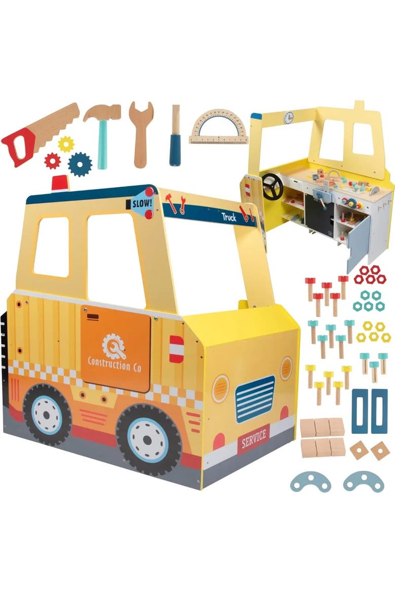 Construction Truck Wooden Playset w 60+ Toy Pieces- Pretend Hammer Saw Bolts, Screws, Workbench Building Kids Gift, Main, color, Yellow